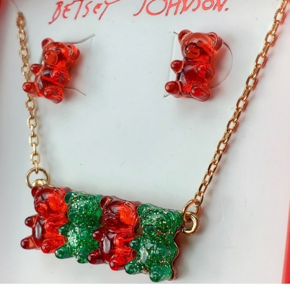 New Betsey Johnson Festive Gummy Bear Necklace & Stud Earrings Set - Picture 2 of 13